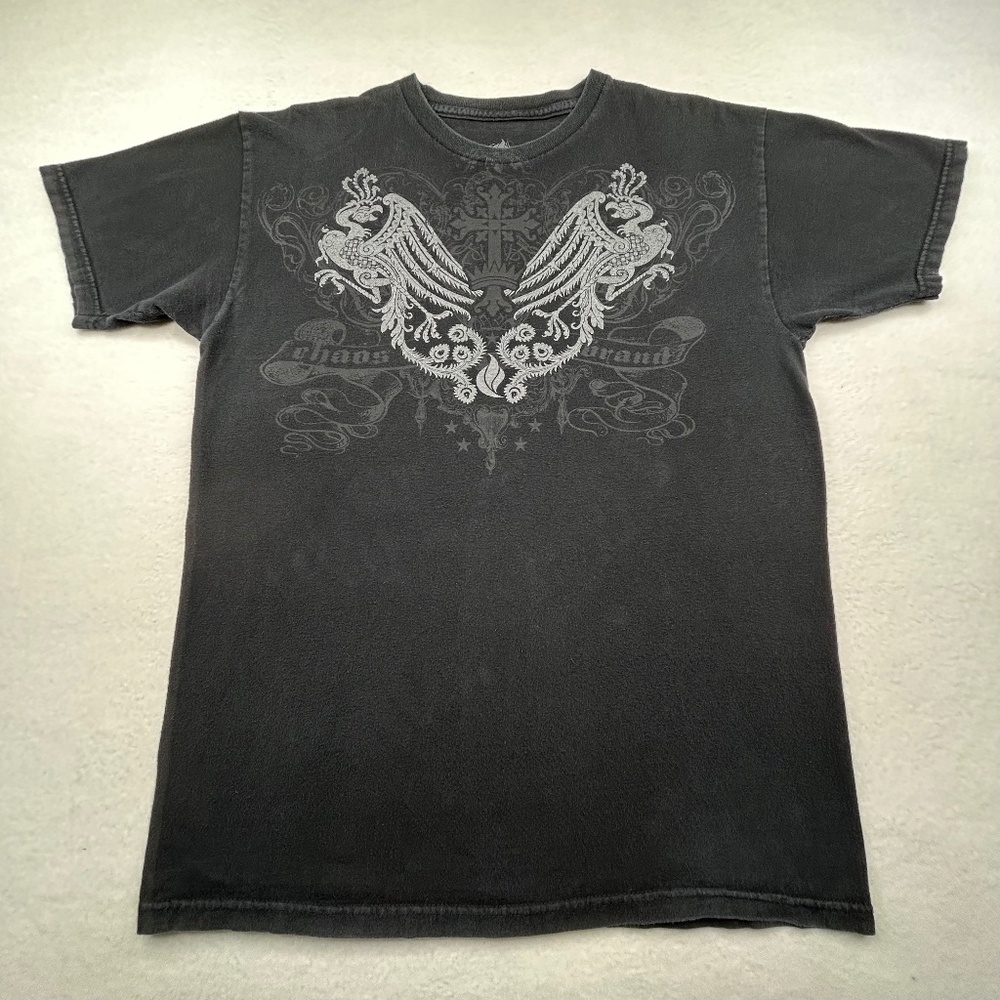 Chaos men's VINTAGE Y2K graphic Peacock Cross T-shirt Black Medium